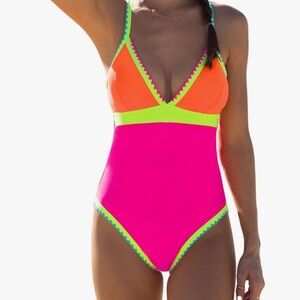 Vibrant Pink and Orange One-Piece Swimsuit